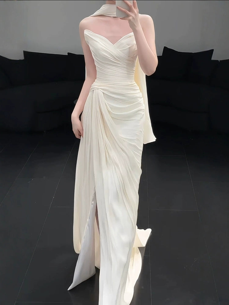 Strapless Pleat Long Wedding Dress Evening Party Dresses