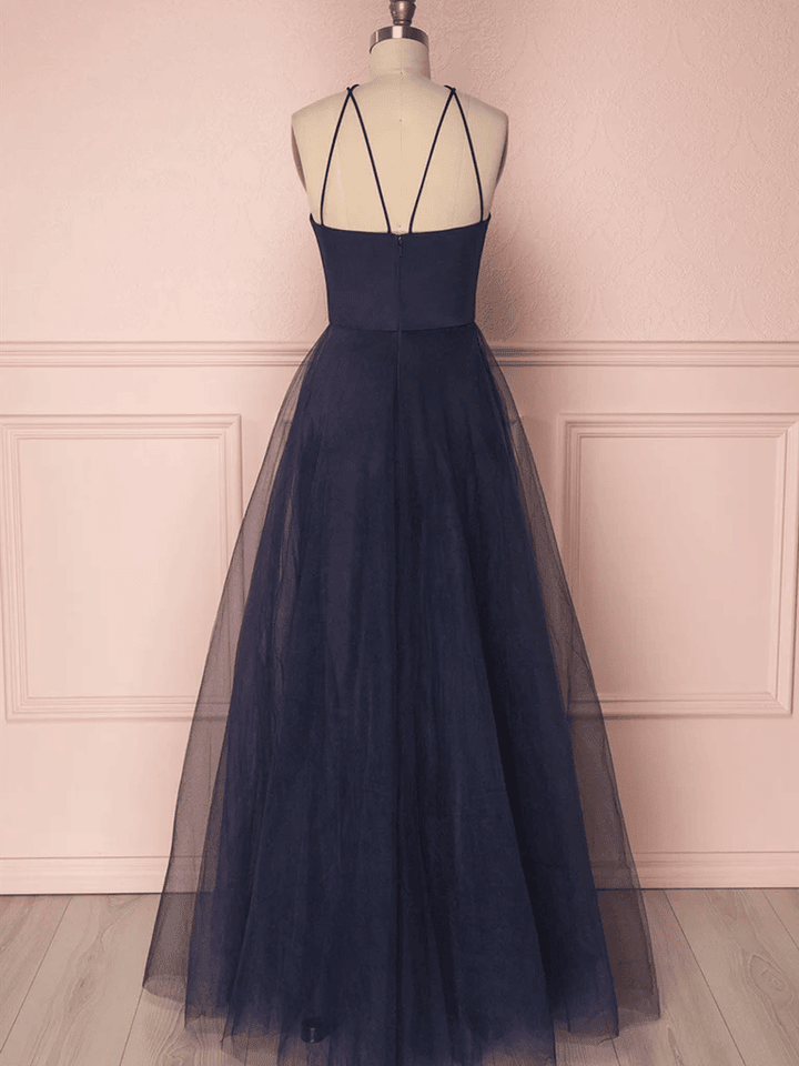 A-line Tulle Navy Blue Long Straps Prom DressNavy Blue Tulle Long Evening Dress