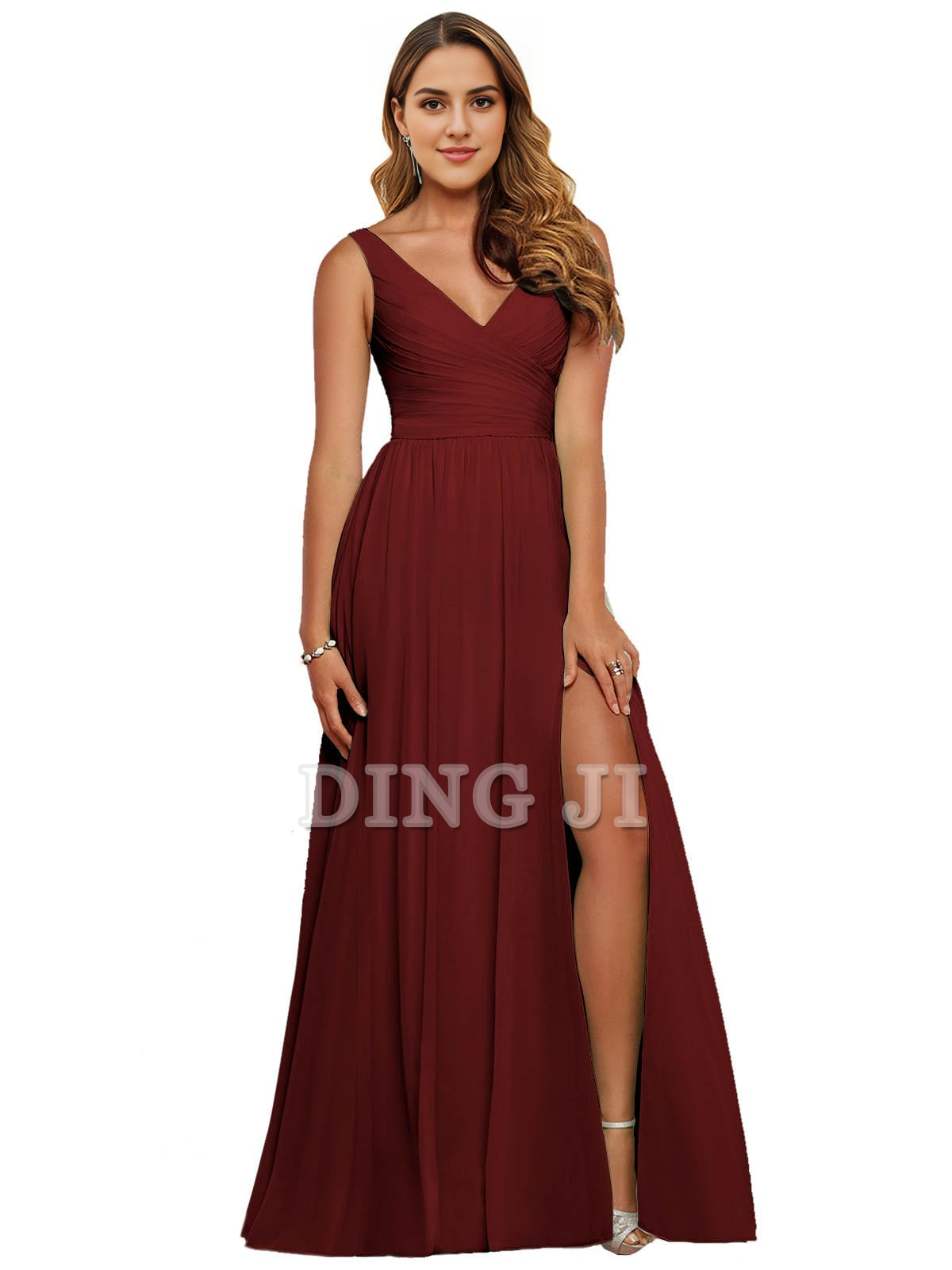 DingJiDress Prom Dress V Neck Bridesmaid Dresses Side Fork Chiffon Pleated Formal Evening Gowns Formal Wear Dresses Wedding Guests Dresses