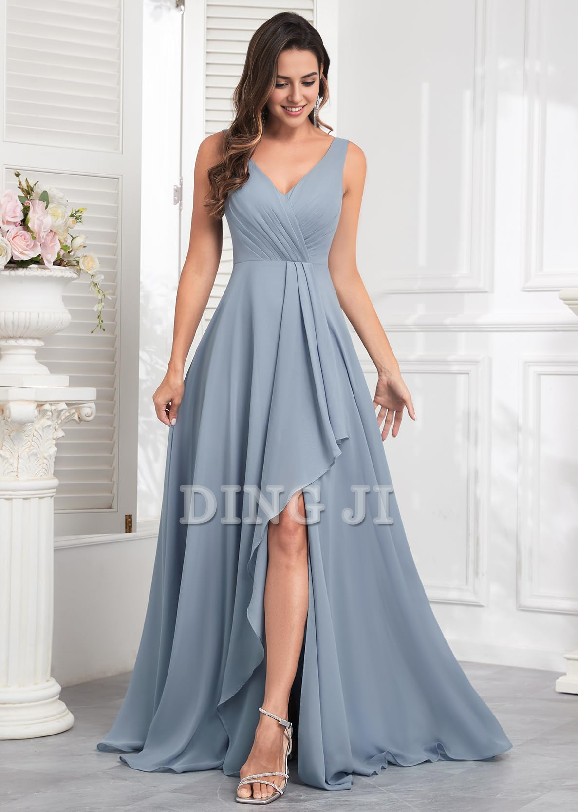 DingJiDress Prom Dress Ruffle Bridesmaid Dresses Long Slit Chiffon Pleated Evening Dress Formal Wear Dresses Wedding Guests Dresses