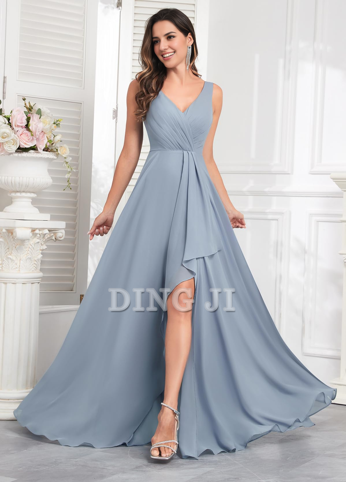 DingJiDress Prom Dress Ruffle Bridesmaid Dresses Long Slit Chiffon Pleated Evening Dress Formal Wear Dresses Wedding Guests Dresses