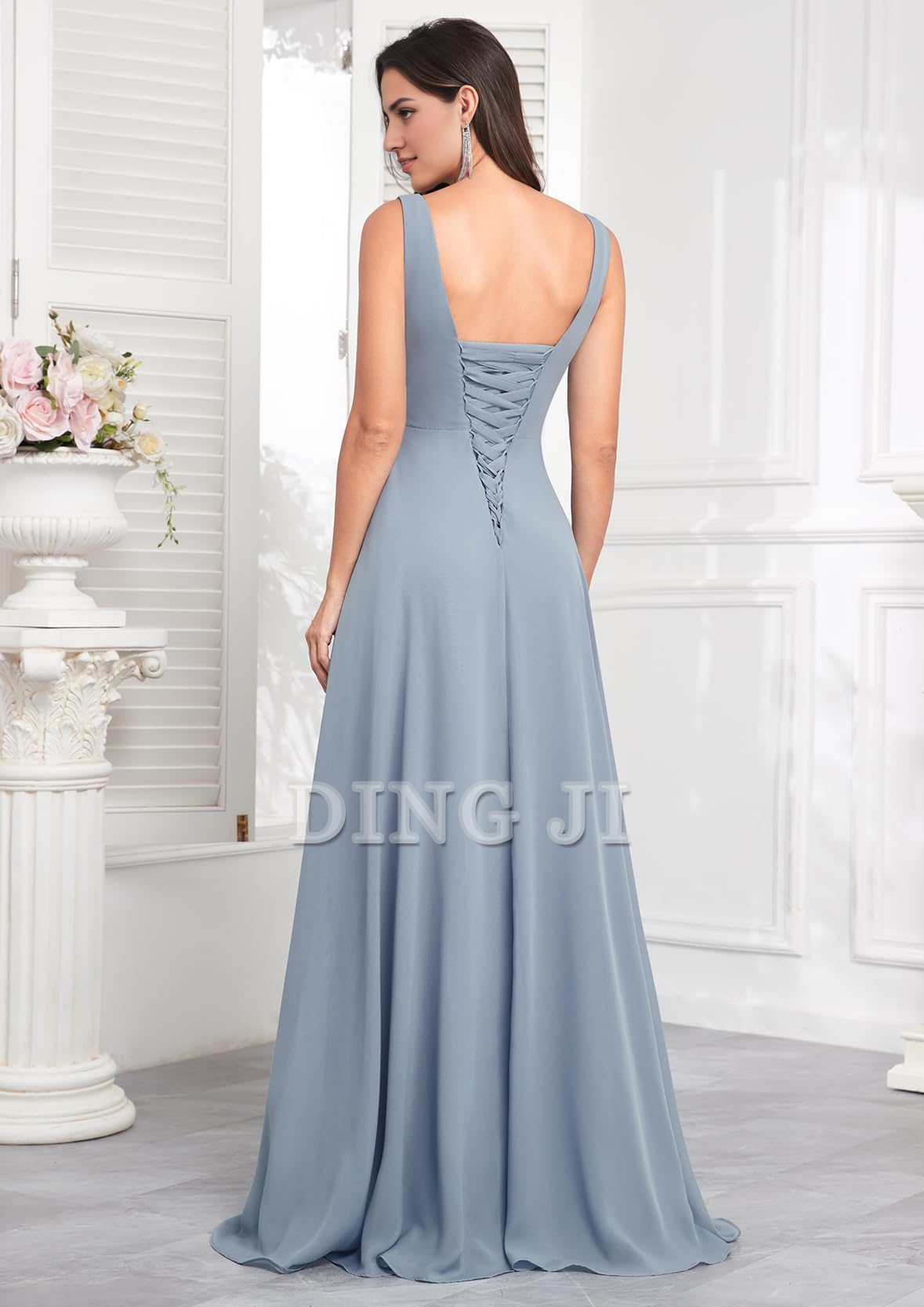 DingJiDress Prom Dress Ruffle Bridesmaid Dresses Long Slit Chiffon Pleated Evening Dress Formal Wear Dresses Wedding Guests Dresses