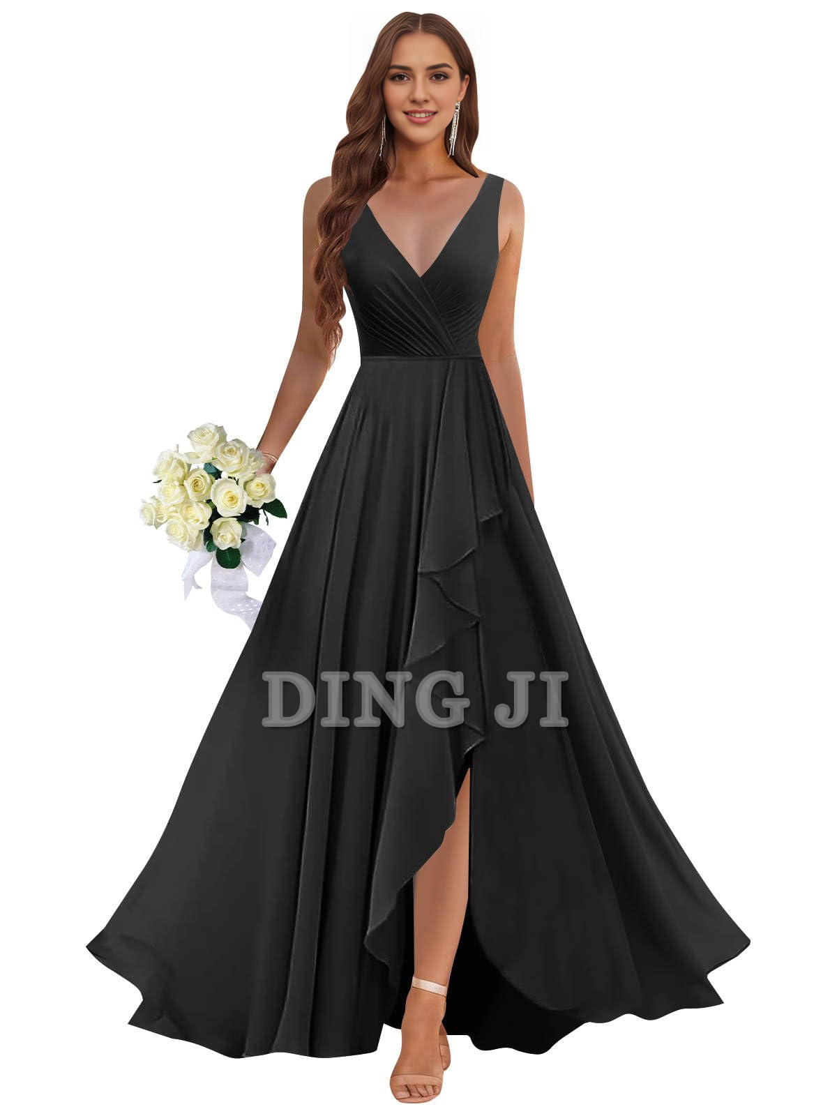 DingJiDress Prom Dress Ruffle Bridesmaid Dresses Long Slit Chiffon Pleated Evening Dress Formal Wear Dresses Wedding Guests Dresses