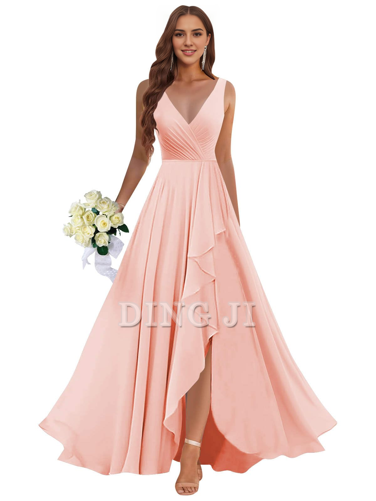 DingJiDress Prom Dress Ruffle Bridesmaid Dresses Long Slit Chiffon Pleated Evening Dress Formal Wear Dresses Wedding Guests Dresses