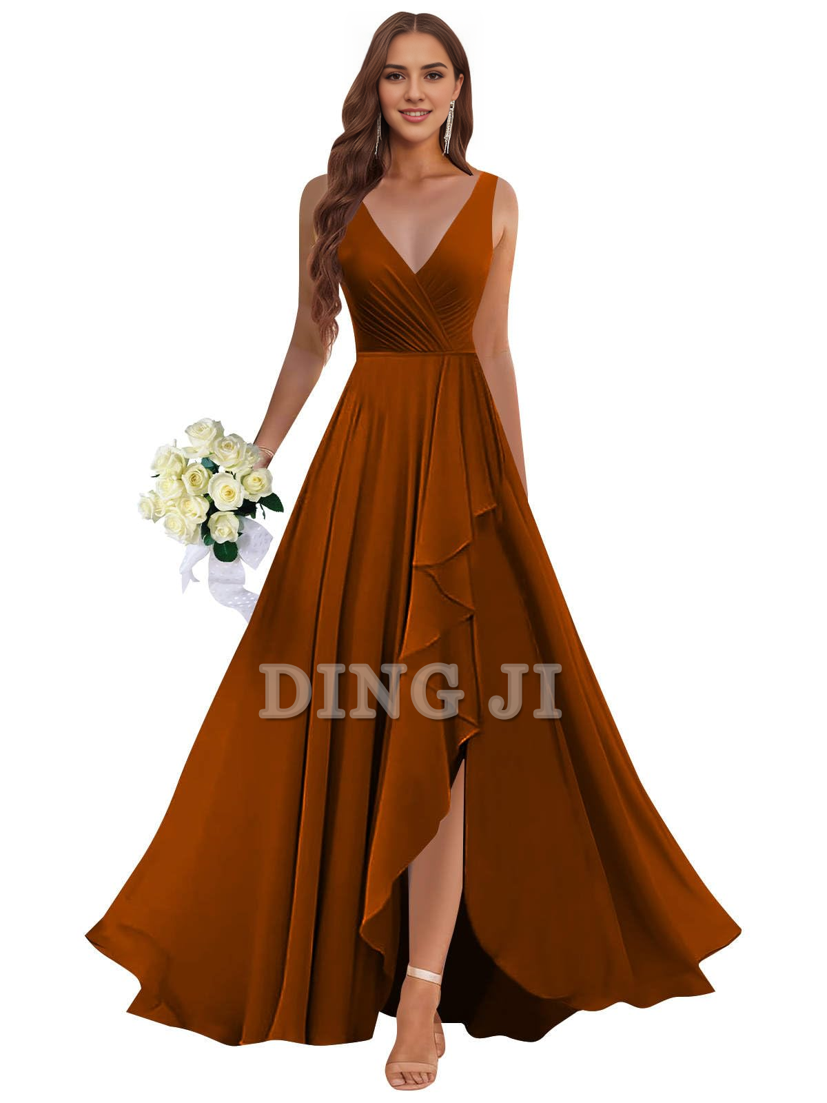 DingJiDress Prom Dress Ruffle Bridesmaid Dresses Long Slit Chiffon Pleated Evening Dress Formal Wear Dresses Wedding Guests Dresses