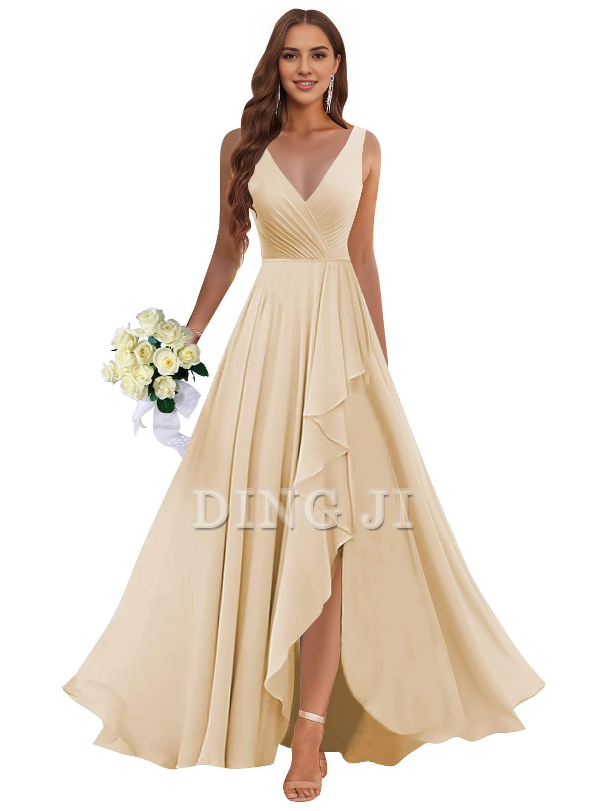 DingJiDress Prom Dress Ruffle Bridesmaid Dresses Long Slit Chiffon Pleated Evening Dress Formal Wear Dresses Wedding Guests Dresses