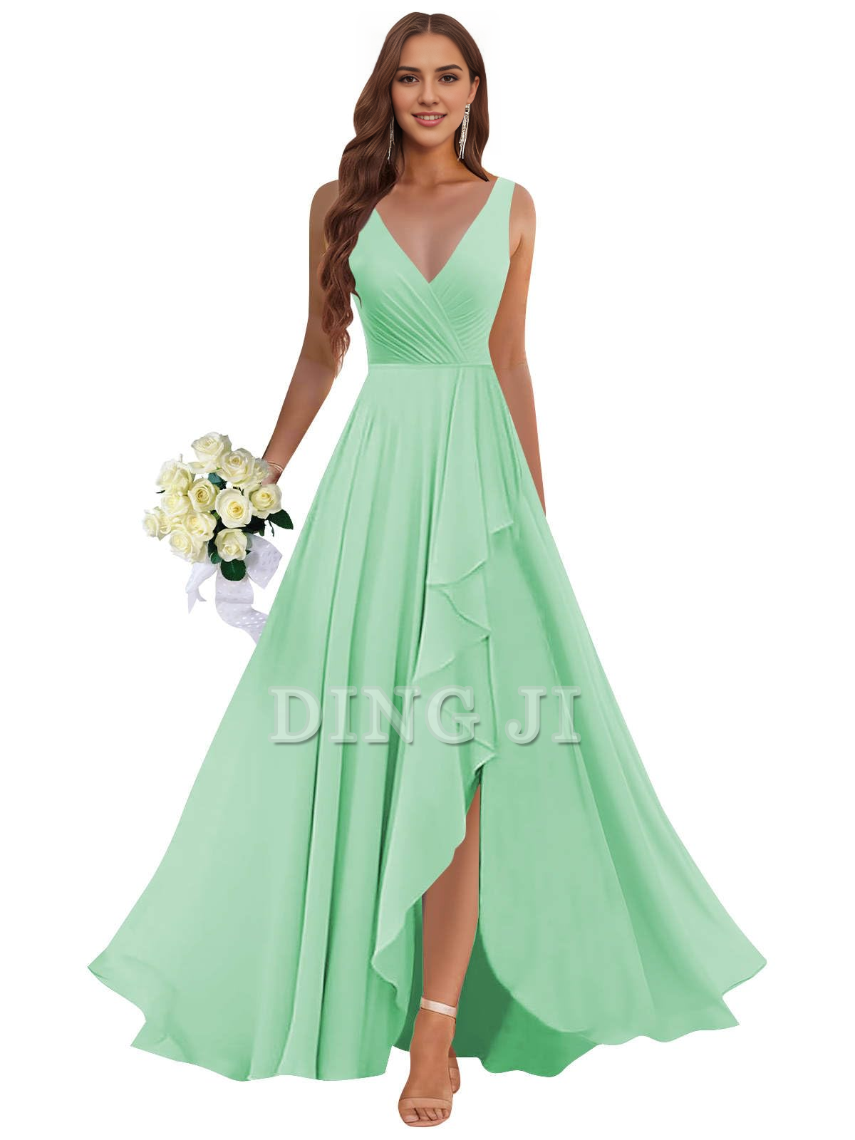 DingJiDress Prom Dress Ruffle Bridesmaid Dresses Long Slit Chiffon Pleated Evening Dress Formal Wear Dresses Wedding Guests Dresses