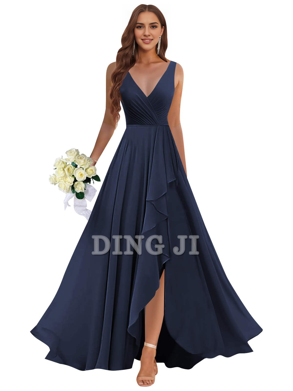 DingJiDress Prom Dress Ruffle Bridesmaid Dresses Long Slit Chiffon Pleated Evening Dress Formal Wear Dresses Wedding Guests Dresses
