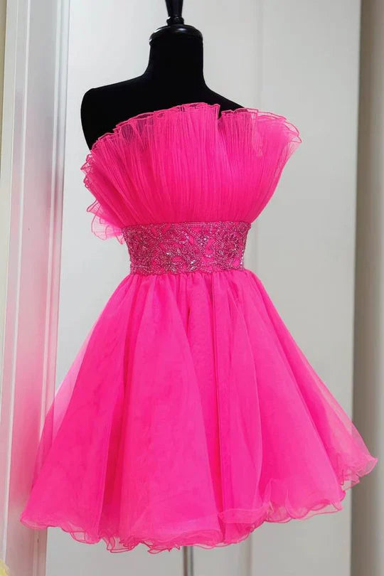 DingJiDress Hot Pink Strapless A-line Evening Dress Tulle Homecoming Dress