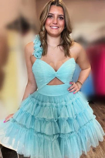 DingJiDress A-Line Homecoming Dress One Shoulder Light Blue  Layered Tulle Graduation Dresses