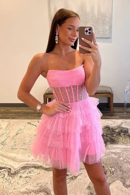 DingJiDress Homecoming Dress Pink Strapless A-Line Tulle Ruffle Graduation Dresses