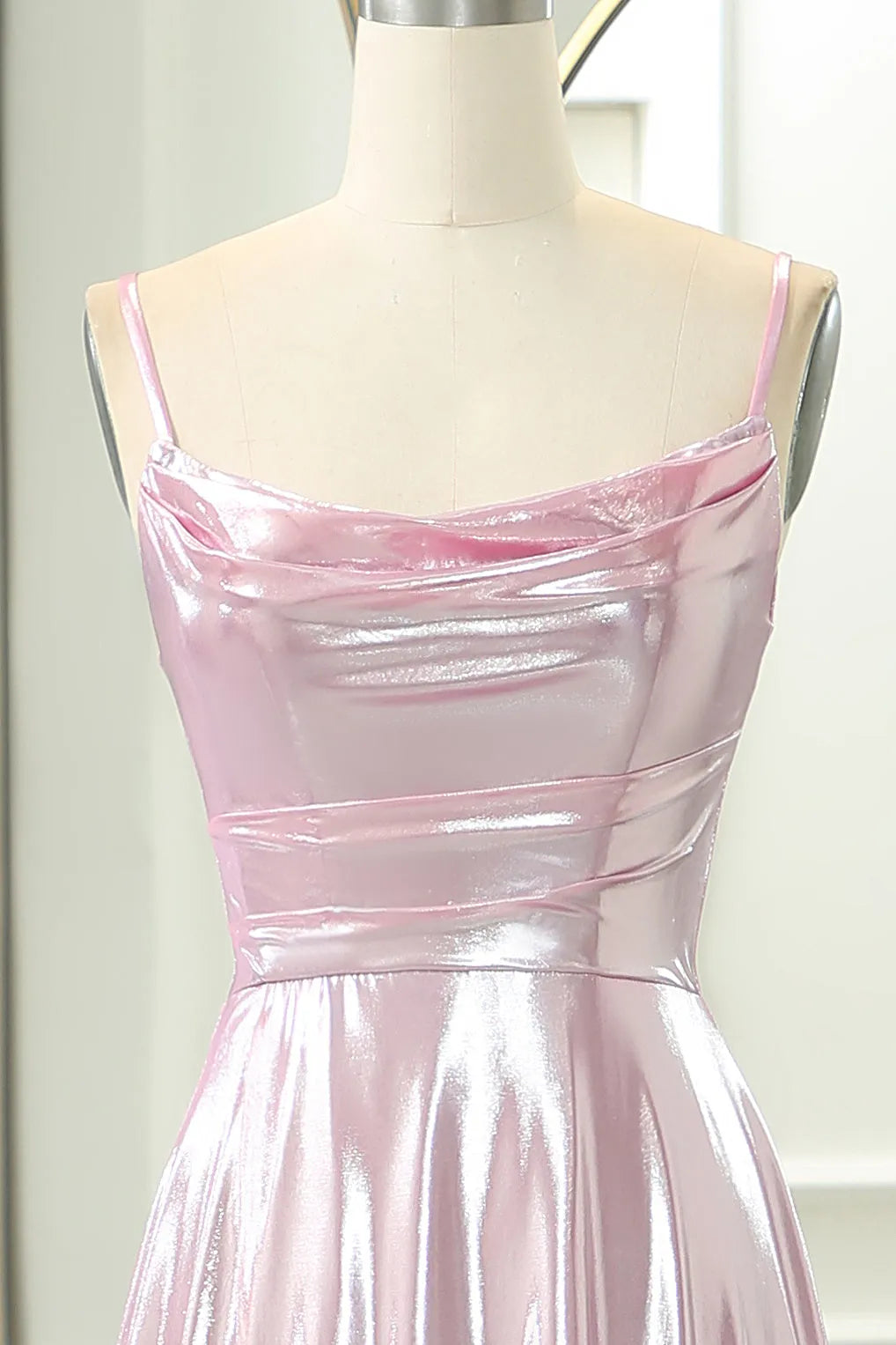 DingJiDress Sparkly Pink A-Line Spaghetti Straps Long Prom Dress With Slit