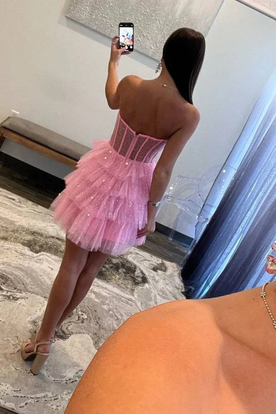 DingJiDress Homecoming Dress Pink Strapless A-Line Tulle Ruffle Graduation Dresses