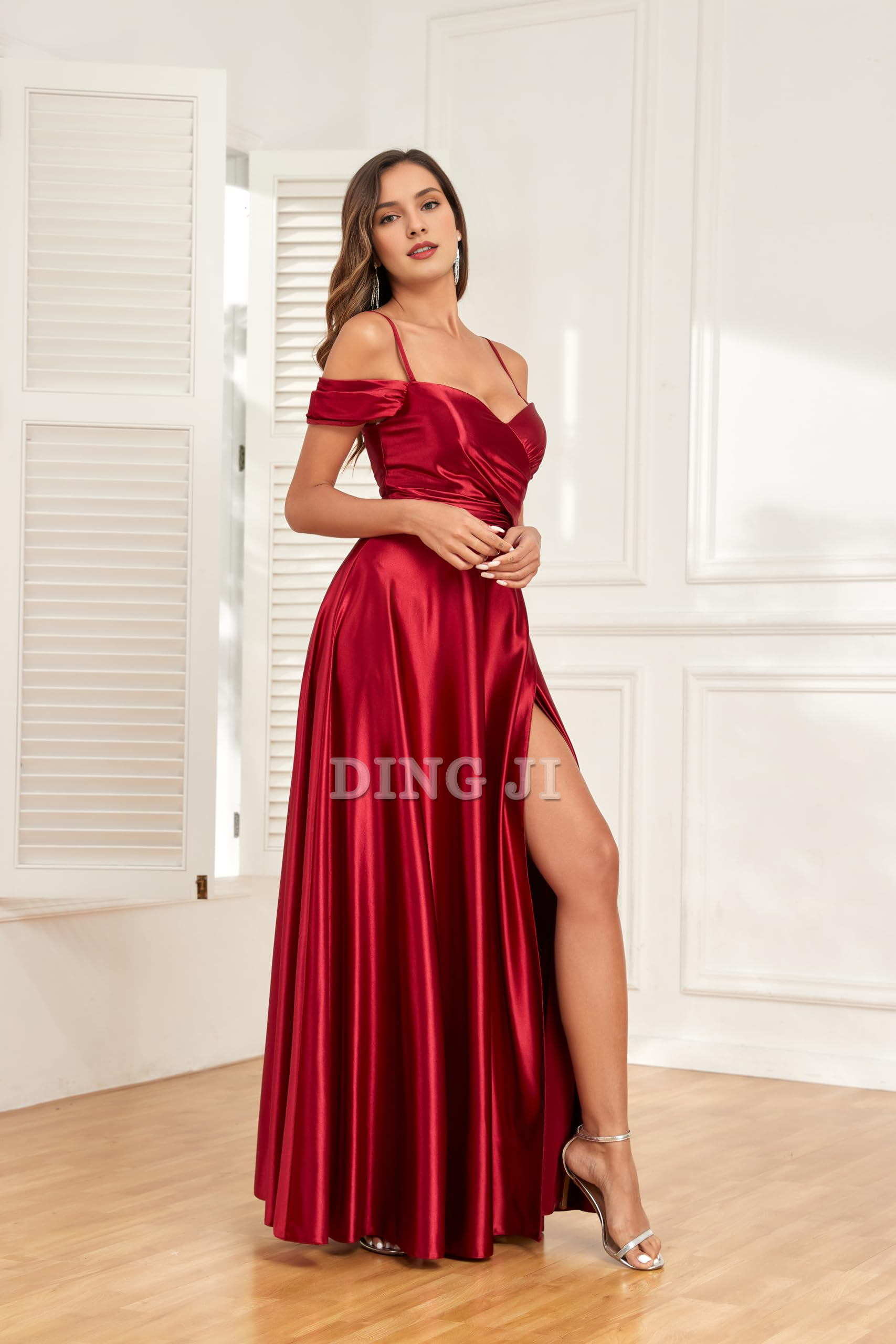 DingJiDress Prom Dress A Line Off Shoulder Satin Bridesmaid Dresses Spaghetti Strap Long Ruched Side Fork Fashion Formal Wear Dresses Wedding Guests Dresses