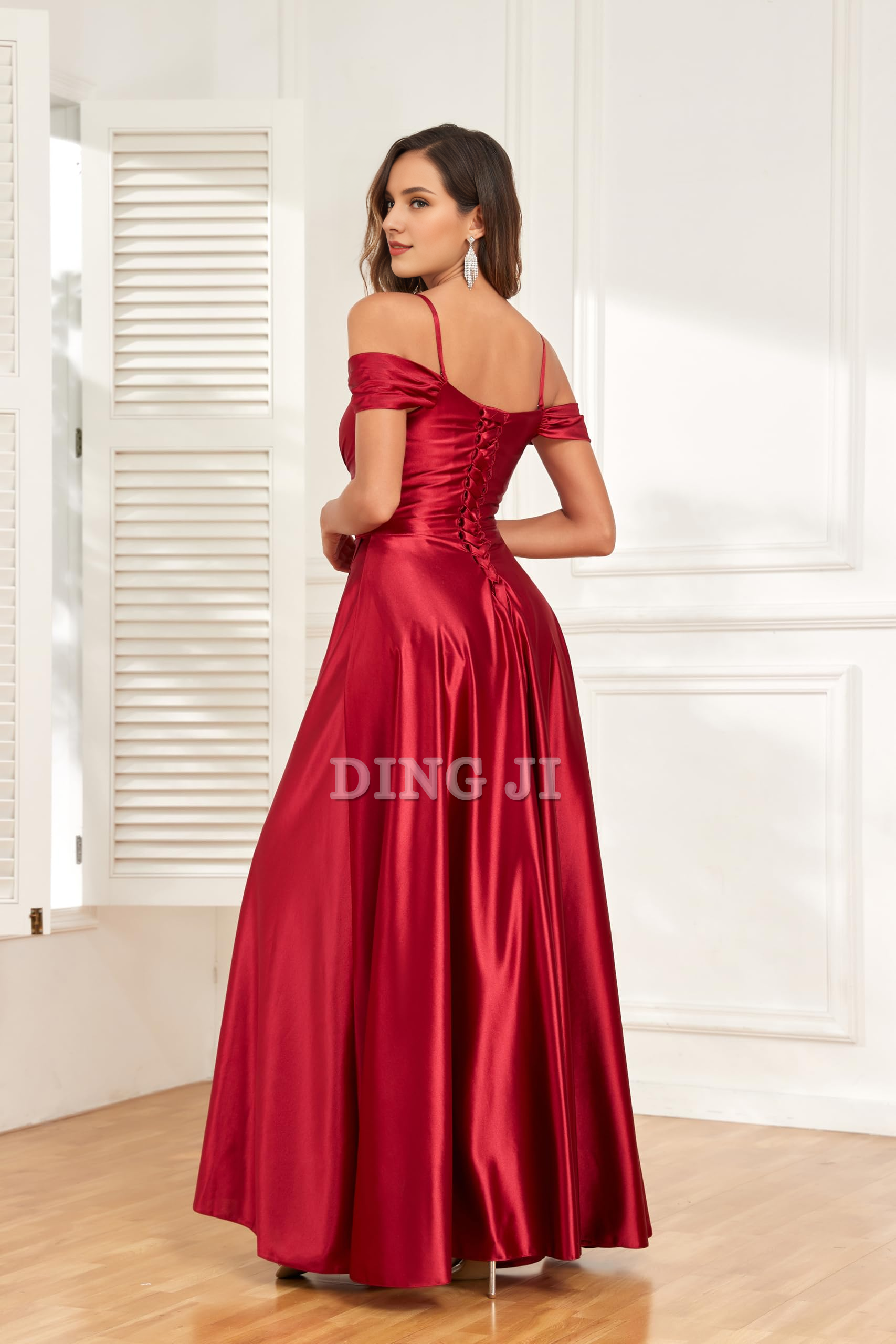DingJiDress Prom Dress A Line Off Shoulder Satin Bridesmaid Dresses Spaghetti Strap Long Ruched Side Fork Fashion Formal Wear Dresses Wedding Guests Dresses