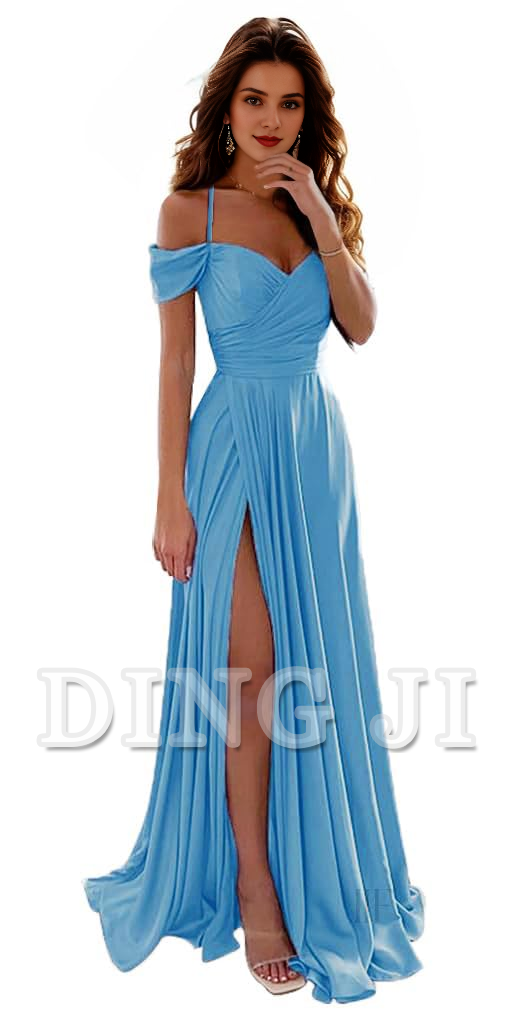 DingJiDress Prom Dress A Line Off Shoulder Satin Bridesmaid Dresses Spaghetti Strap Long Ruched Side Fork Fashion Formal Wear Dresses Wedding Guests Dresses