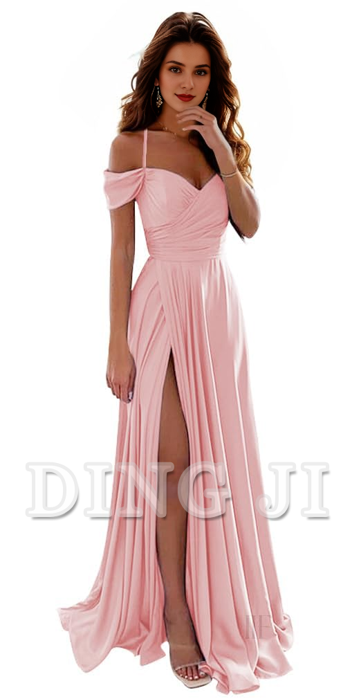 DingJiDress Prom Dress A Line Off Shoulder Satin Bridesmaid Dresses Spaghetti Strap Long Ruched Side Fork Fashion Formal Wear Dresses Wedding Guests Dresses