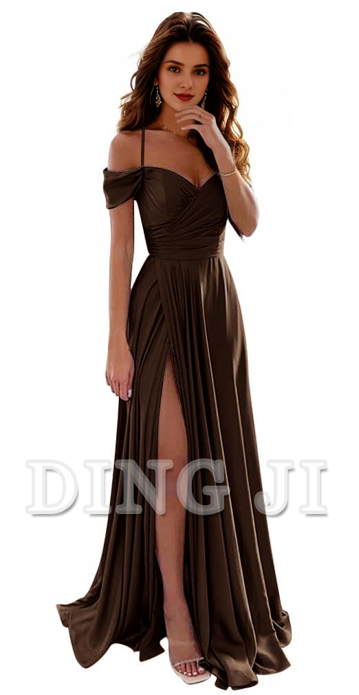 DingJiDress Prom Dress A Line Off Shoulder Satin Bridesmaid Dresses Spaghetti Strap Long Ruched Side Fork Fashion Formal Wear Dresses Wedding Guests Dresses