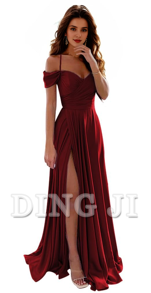 DingJiDress Prom Dress A Line Off Shoulder Satin Bridesmaid Dresses Spaghetti Strap Long Ruched Side Fork Fashion Formal Wear Dresses Wedding Guests Dresses