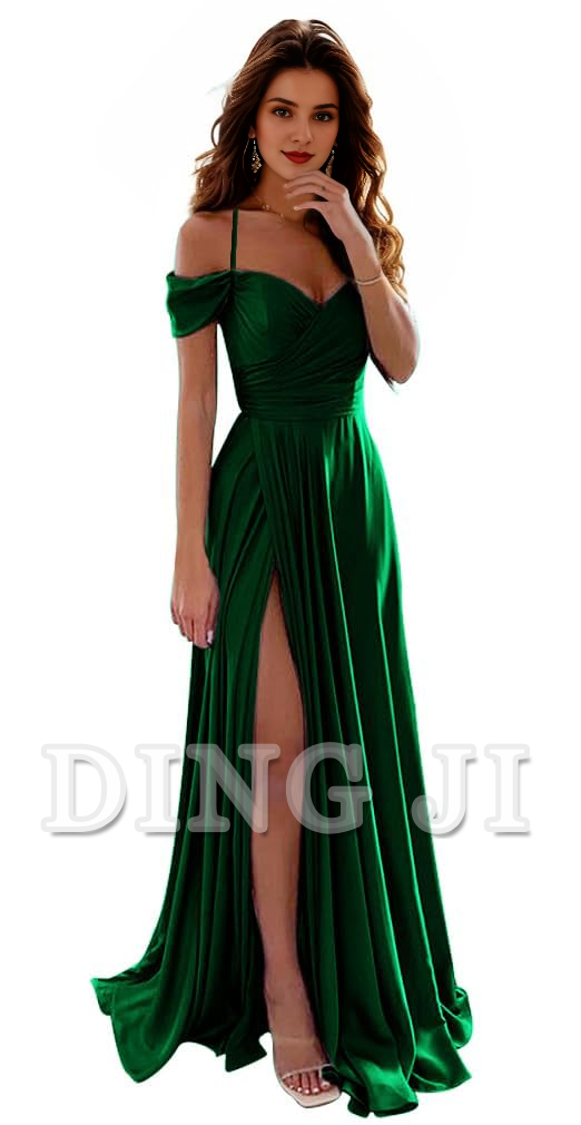 DingJiDress Prom Dress A Line Off Shoulder Satin Bridesmaid Dresses Spaghetti Strap Long Ruched Side Fork Fashion Formal Wear Dresses Wedding Guests Dresses