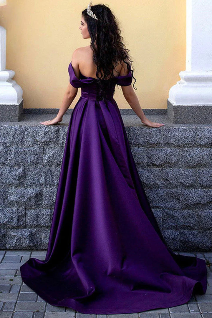 Purple satin long A-line prom dress evening dress
