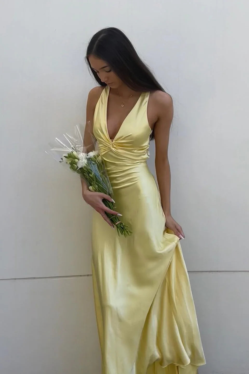 Hip wrap V-neck evening gown
