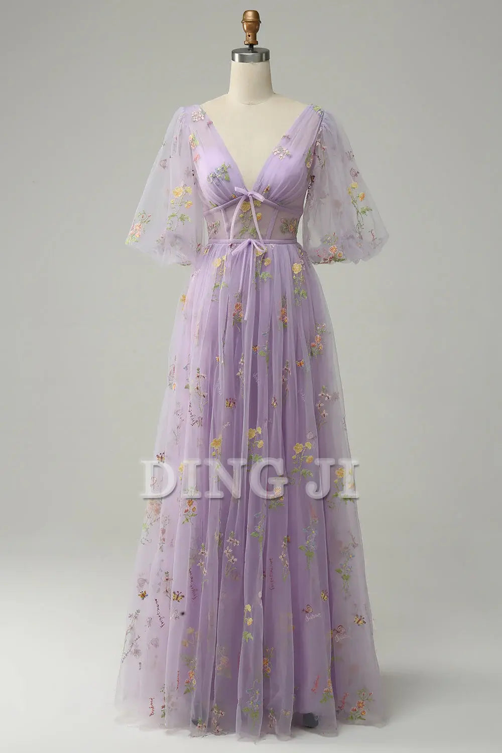 DingJiDress Prom Dress A-Line V-Neck Embroidery Short Sleeves Long Luxurious Formal Women's Dresses Wedding Guests Dresses