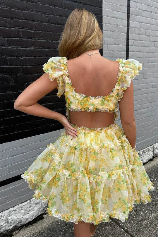 DingJiDress A-Line Homecoming Dress Cap Sleeves Yellow Floral Print