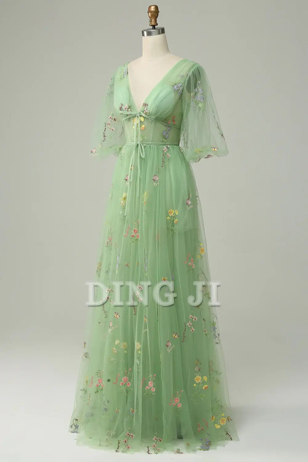 DingJiDress Prom Dress A-Line V-Neck Embroidery Short Sleeves Long Luxurious Formal Women's Dresses Wedding Guests Dresses