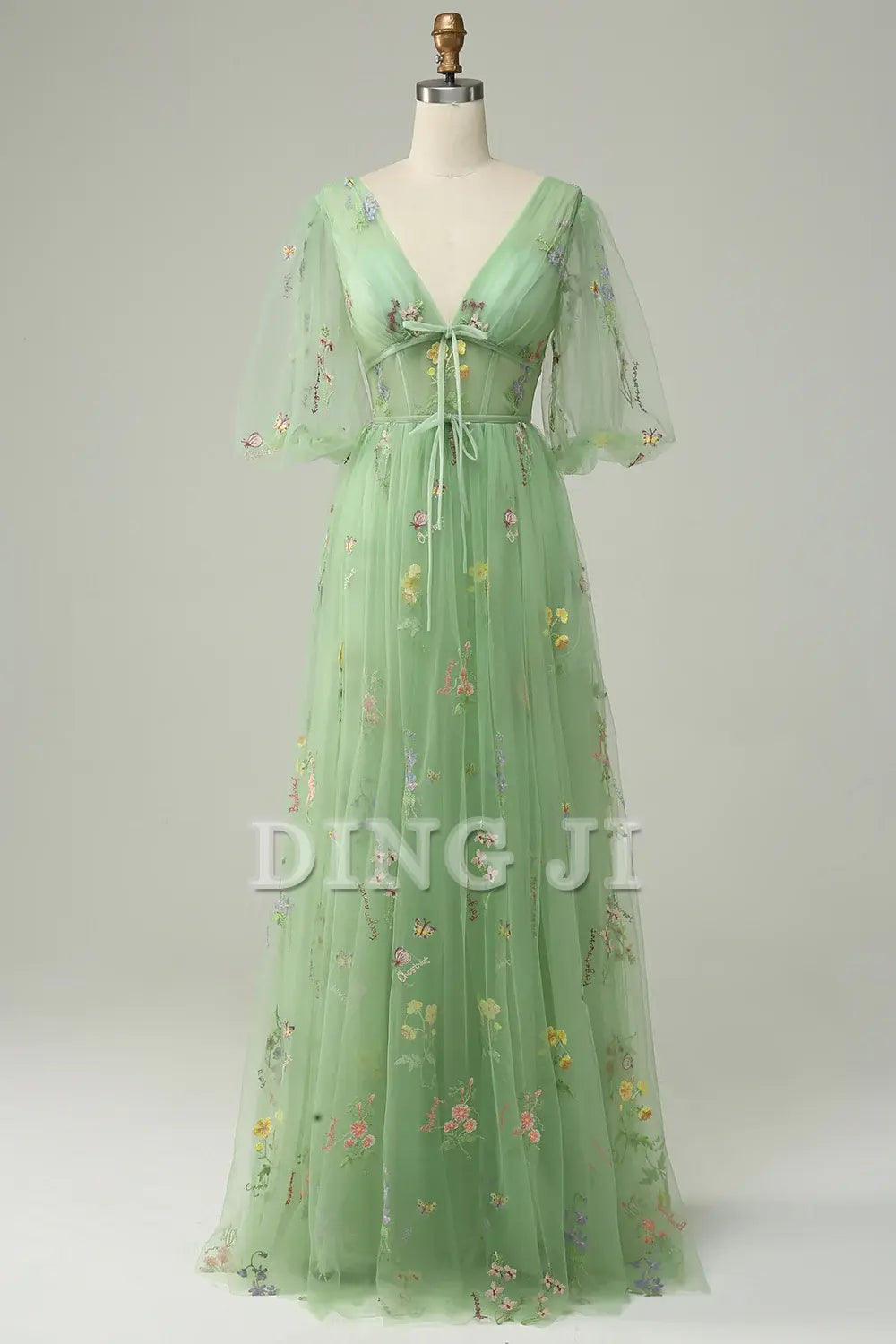 DingJiDress Prom Dress A-Line V-Neck Embroidery Short Sleeves Long Luxurious Formal Women's Dresses Wedding Guests Dresses
