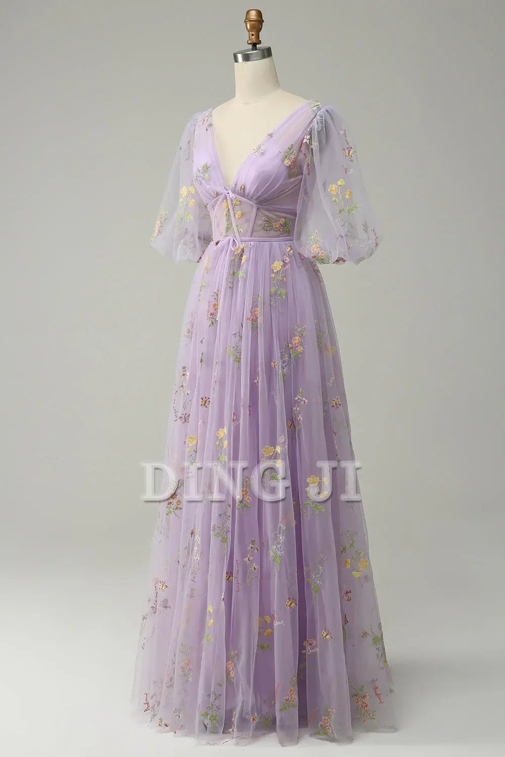 DingJiDress Prom Dress A-Line V-Neck Embroidery Short Sleeves Long Luxurious Formal Women's Dresses Wedding Guests Dresses