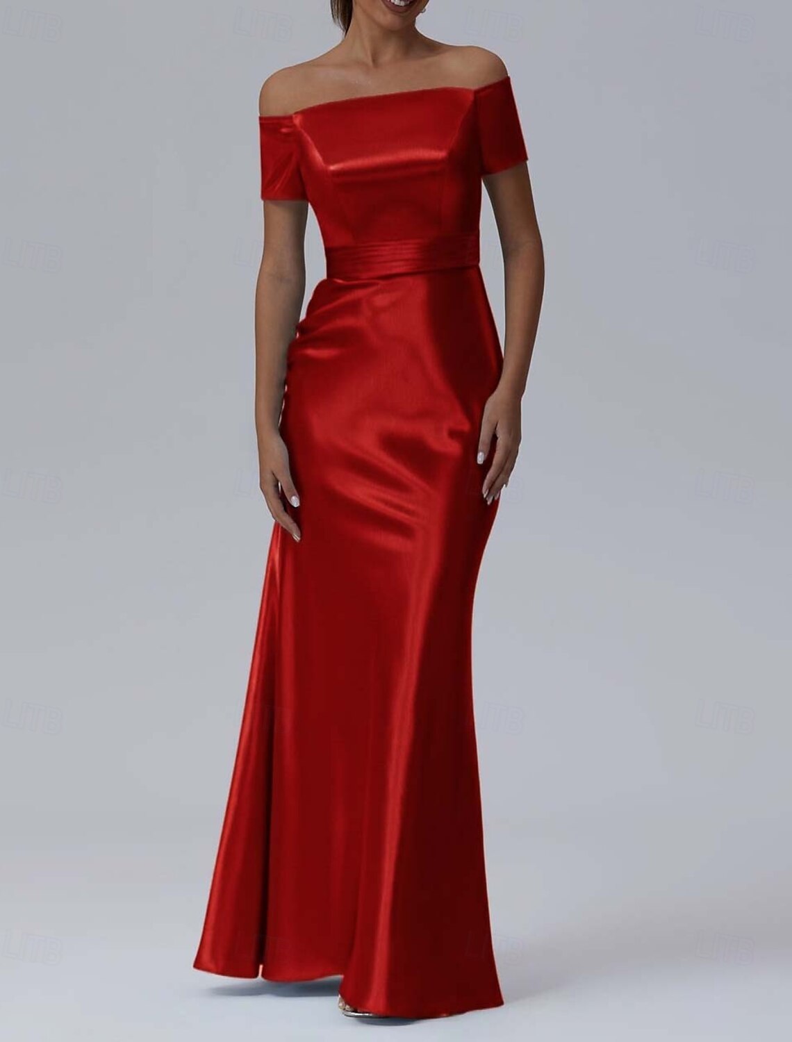 Sheath Column Evening Gown Elegant Dress Formal Performance Floor Length Short Sleeve Off Shoulder Glossy Satin