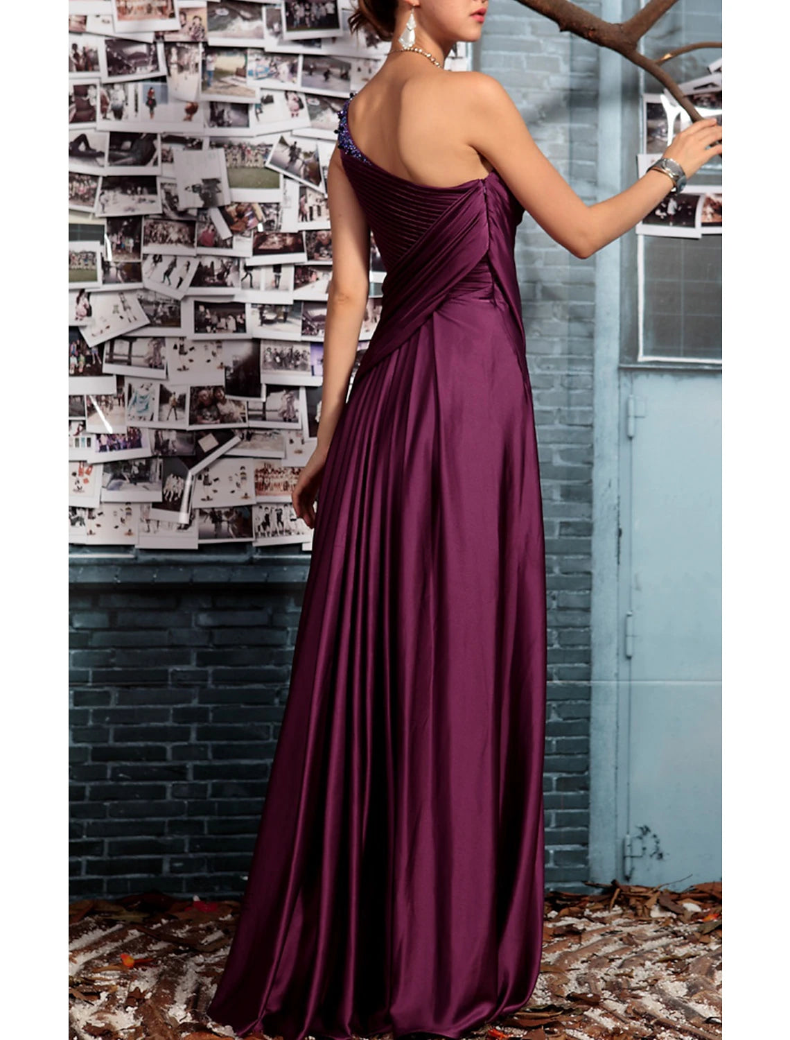 Sheath Evening Gown Elegant Dress Formal Evening Floor Length Sleeveless One Shoulder Fall Wedding Guest Satin Backless with Pleats Crystals Draping