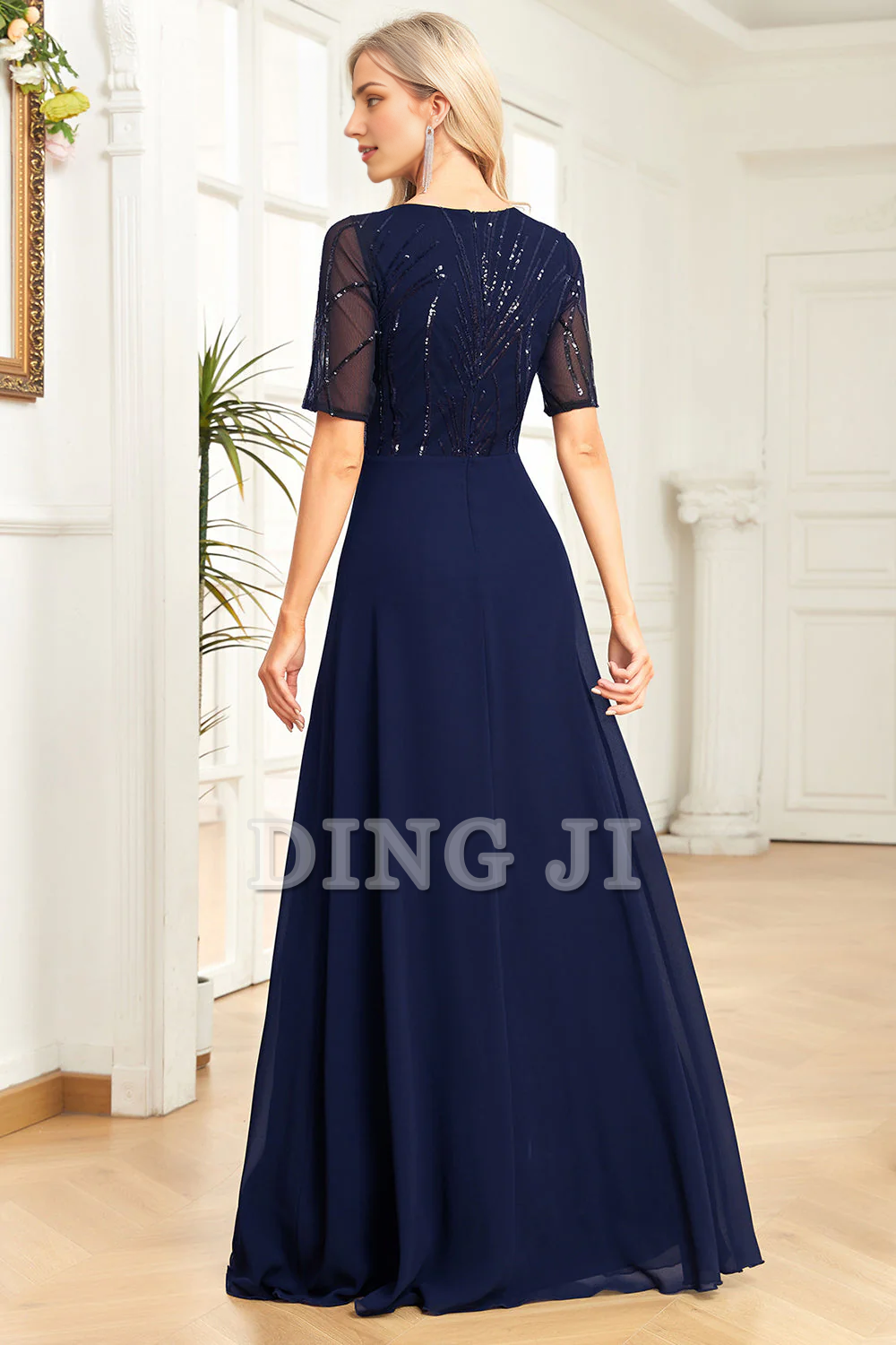 DingJiDress Prom Dress A Line Sparkly Round Neck Sequin Short Sleeves Fashion Elegant Simple Formal Women's Dresses Wedding Guests Dresses