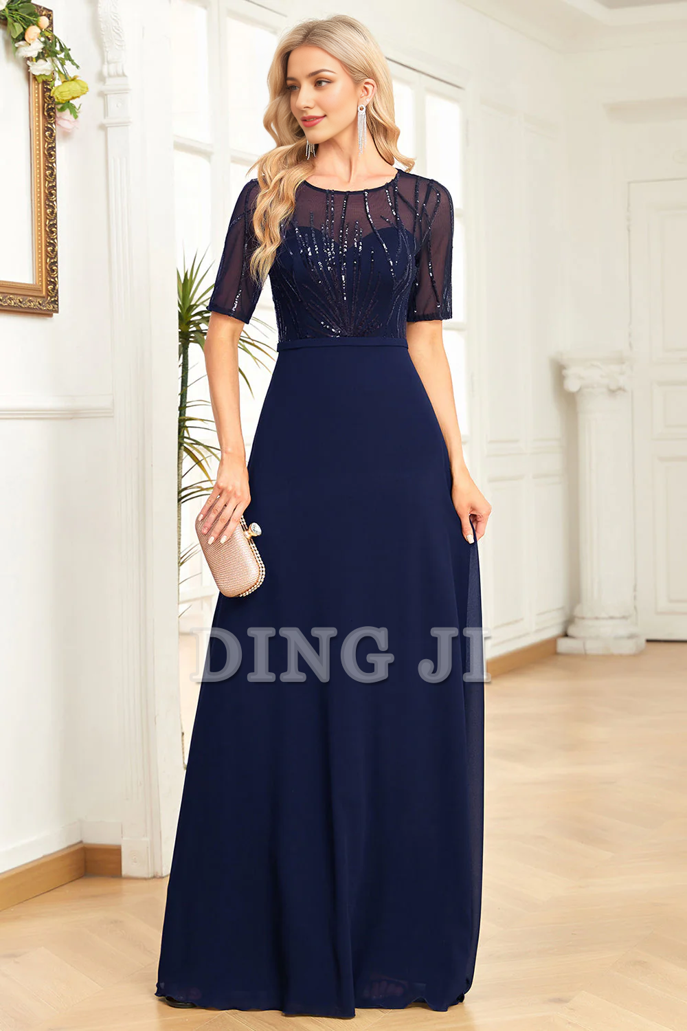 DingJiDress Prom Dress A Line Sparkly Round Neck Sequin Short Sleeves Fashion Elegant Simple Formal Women's Dresses Wedding Guests Dresses