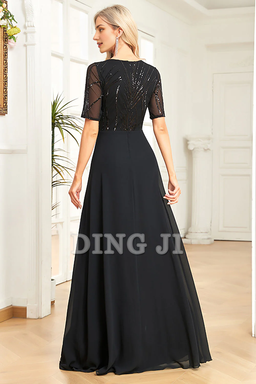 DingJiDress Prom Dress A Line Sparkly Round Neck Sequin Short Sleeves Fashion Elegant Simple Formal Women's Dresses Wedding Guests Dresses