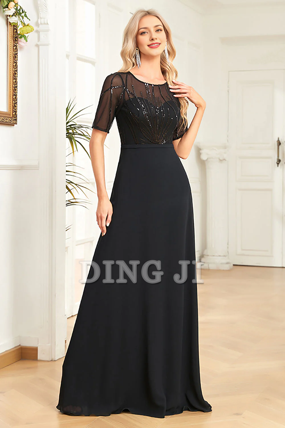 DingJiDress Prom Dress A Line Sparkly Round Neck Sequin Short Sleeves Fashion Elegant Simple Formal Women's Dresses Wedding Guests Dresses