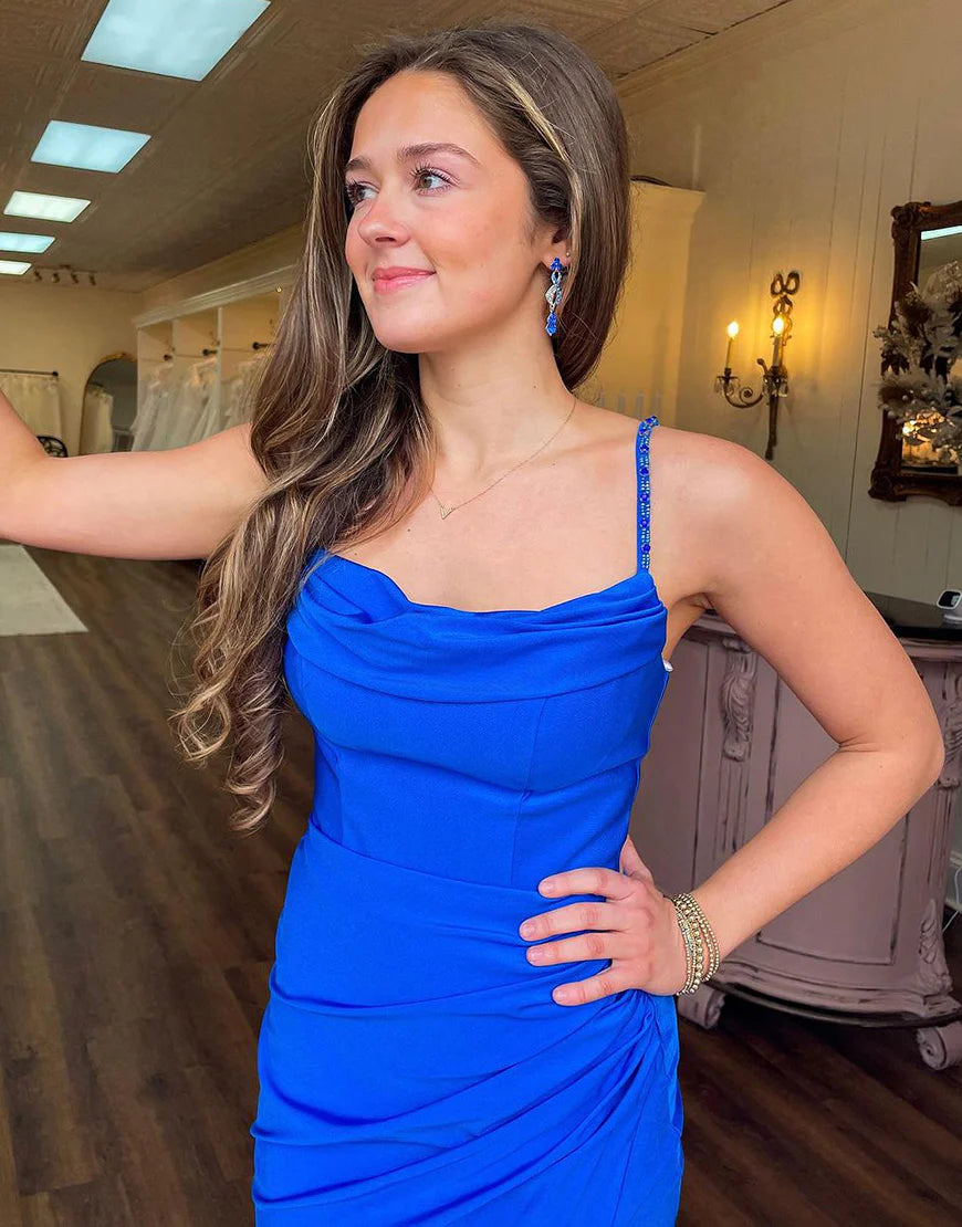 Blue lace up long slit backless ball dress