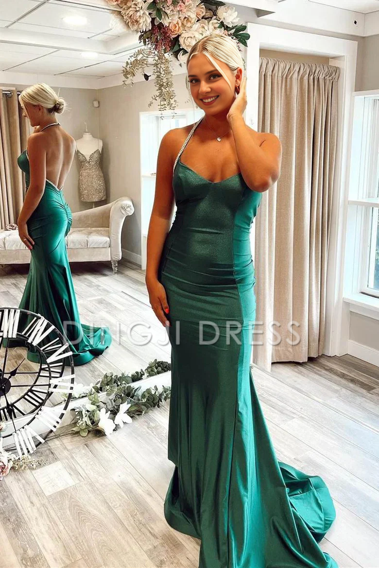 DingJiDress Sexy Mermaid Halter Open Back Long Satin Charming Prom Dress