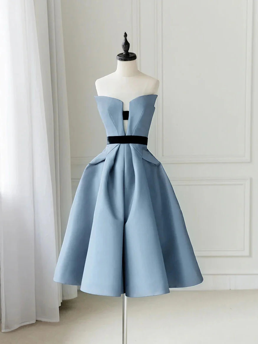 Simple satin blue short prom dress blue homecoming dress