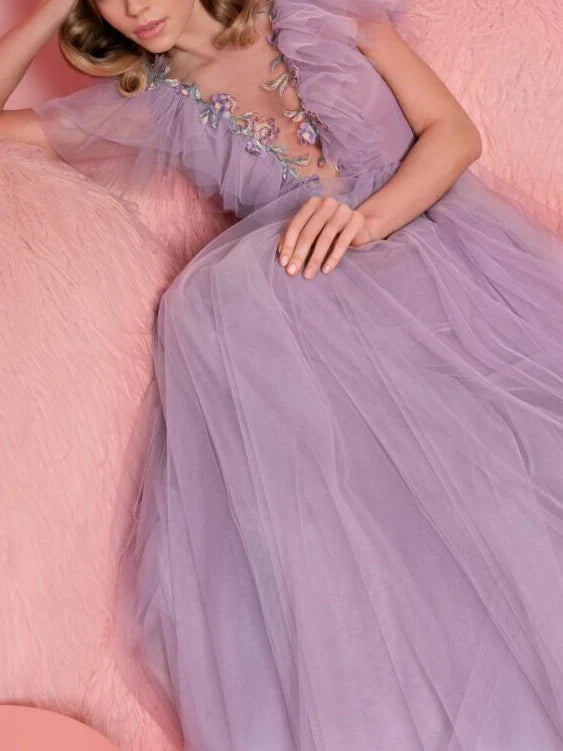 Purple fashionable V-neck short sleeved chiffon pleated hem floor length evening dress