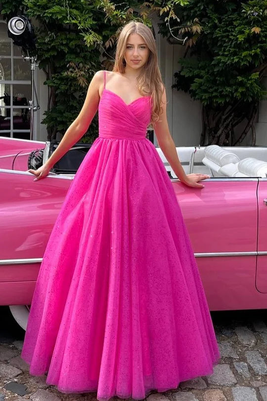 Hot Pink Spaghetti Straps V-Neck Pleated A-Line Prom Dress