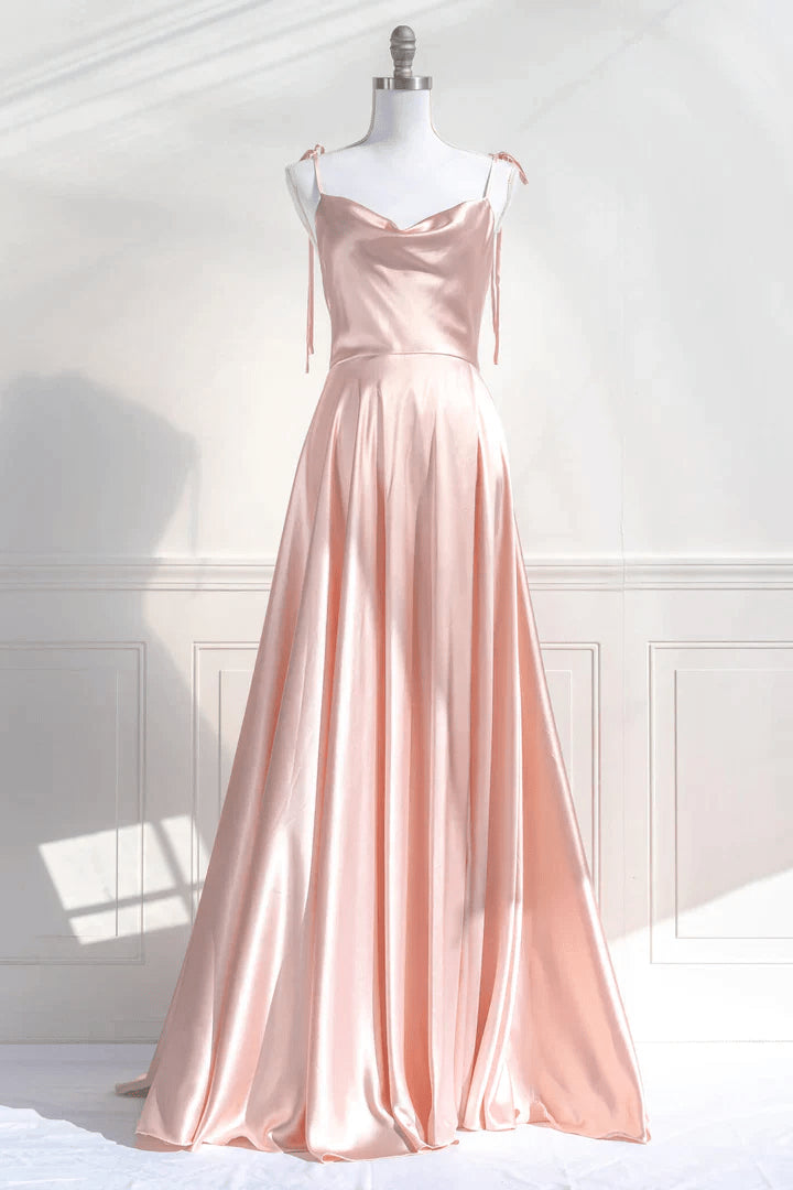 Pink Straps Low Back Long Prom Dress Pink Satin A-line Party Dress