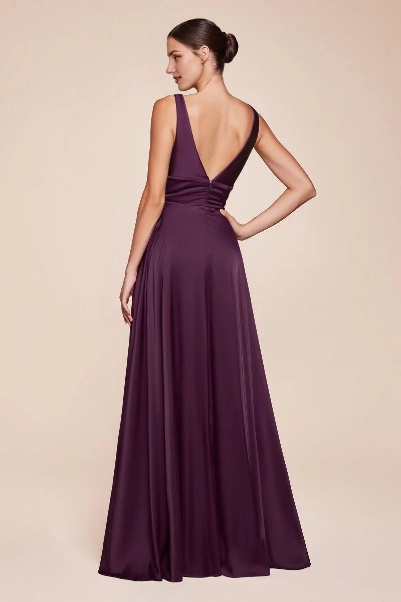 DingJiDress November December Wedding Guest Dress Satin A-Line Deep V-Neck Open Front Leg Slit Backless Formal Party Dress