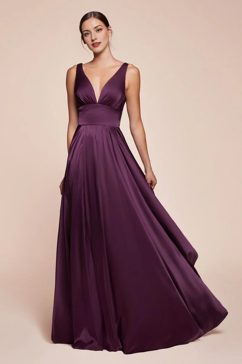 DingJiDress November December Wedding Guest Dress Satin A-Line Deep V-Neck Open Front Leg Slit Backless Formal Party Dress