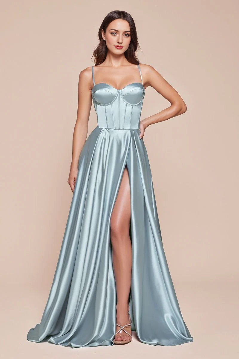 DingJiDress November December Wedding Guest Dress Satin A-Line Spaghetti Strap Bustier Dress Backless Split Fork Elegant Formal Party Dress