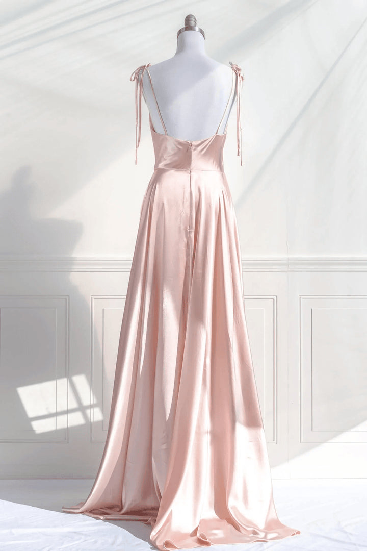 Pink Straps Low Back Long Prom Dress Pink Satin A-line Party Dress