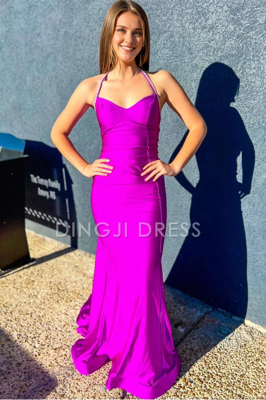 DingJiDress Sexy Mermaid Halter Open Back Long Satin Charming Prom Dress