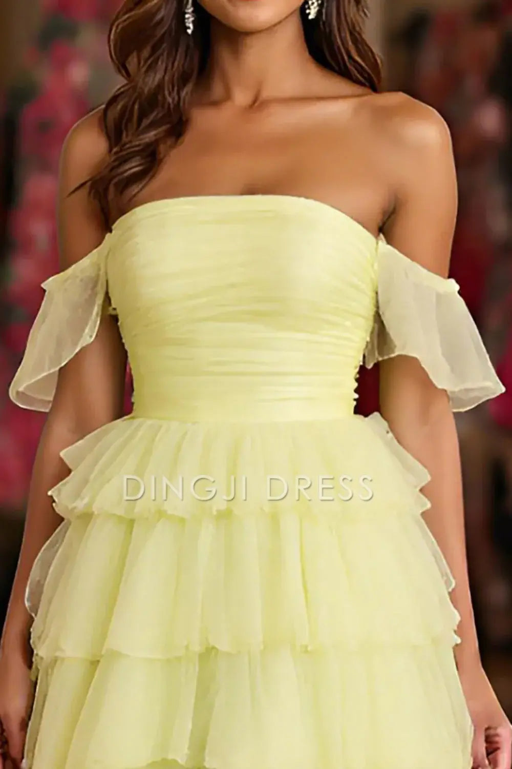 DingJiDress High Quality Dress Exquisite A Line Strapless Tiered Tulle With Slit Long Prom Dress