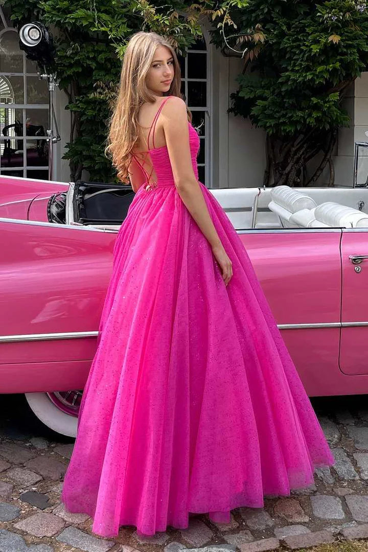 Hot Pink Spaghetti Straps V-Neck Pleated A-Line Prom Dress